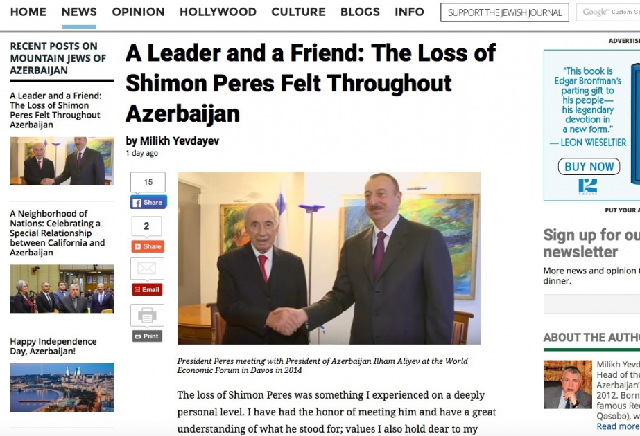 Jewish Journal: Şimon Peresin ölümü Azərbaycanı kədərləndirdi