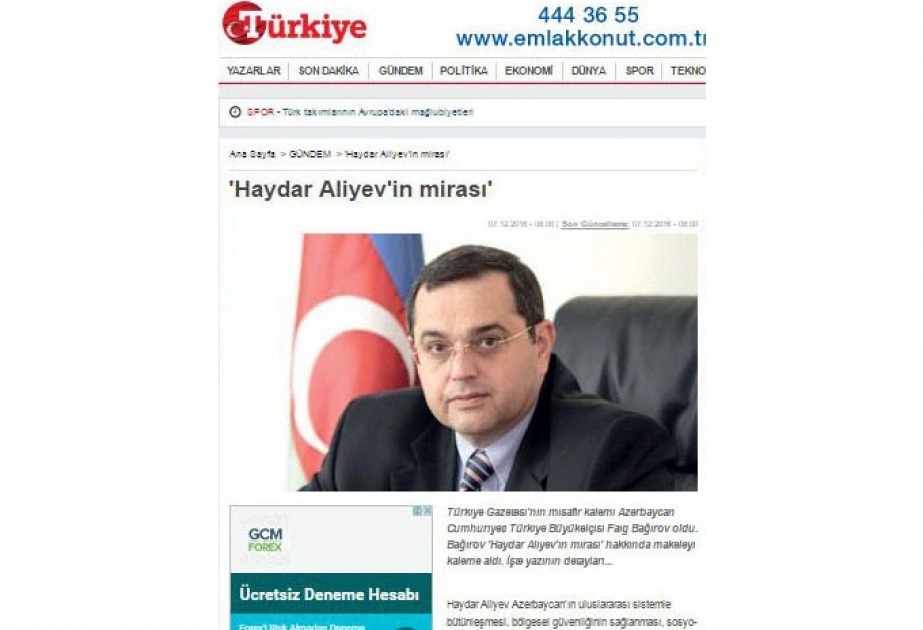 “Türkiyə” qəzetində “Heydər Əliyevin mirası” məqaləsi dərc olunub