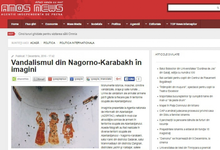 Armenian vandalism in Nagorno-Karabakh in spotlight of Romanian news agency