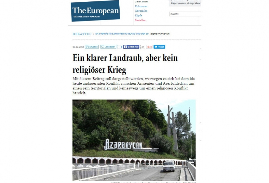 “The European” jurnalı TEAS-ın direktorunun Ermənistan- Azərbaycan münaqişəsi barədə məqaləsini dərc edib
