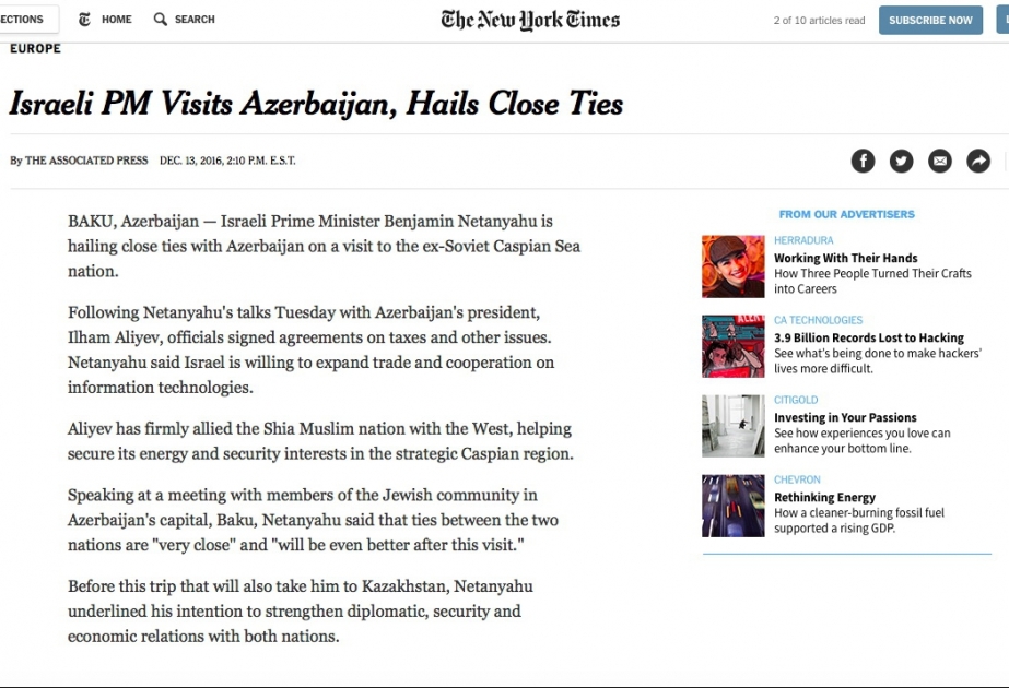 Газета The New York Times написала о визите Беньямина Нетаньяху в Азербайджан