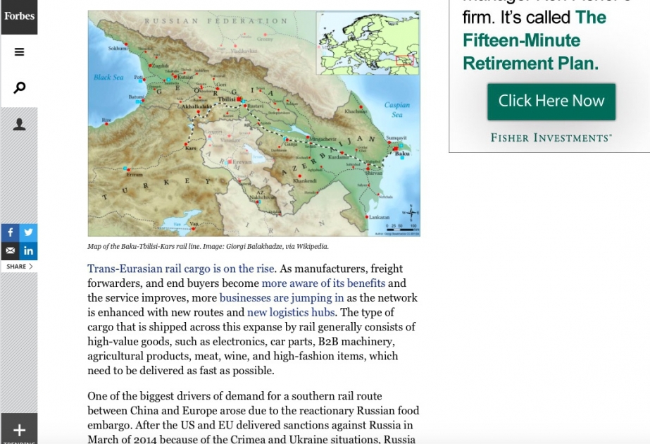 Forbes publishes article about Baku-Tbilisi-Kars rail line