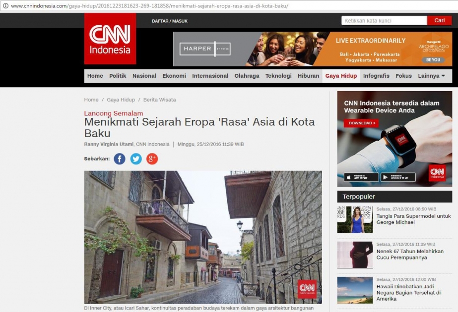 “CNN Indonesia” portalı Bakının turizm potensialı barədə məqalə yayıb