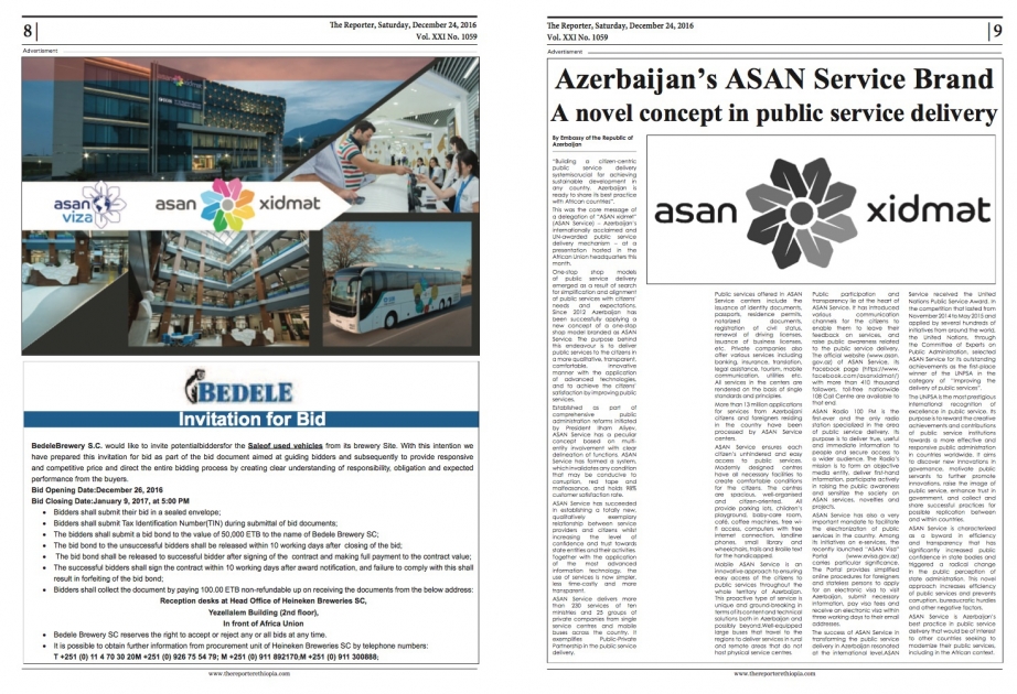 Efiopiyanın “The Reporter” qəzetində “ASAN xidmət”in fəaliyyəti barədə məqalə dərc edilib