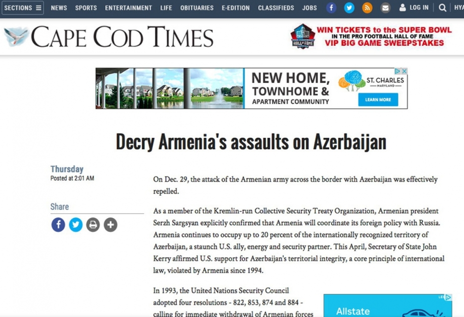 ABŞ-ın “Cape Cod Times” qəzeti: Ermənistanın silahlı hücumu qınanmalıdır