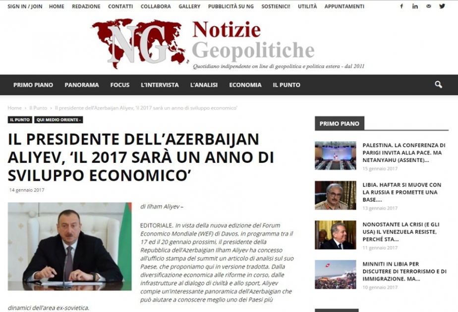 President Ilham Aliyev's article in spotlight of Italian media