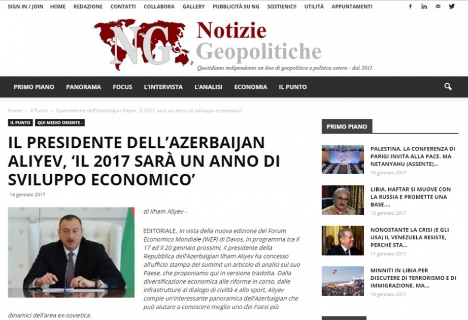 L’article du président Ilham Aliyev publié sur le site Forum économique de Davos sous les projecteurs des médias italiens