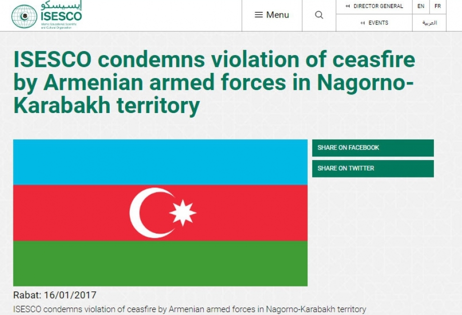 ISESCO Ermənistan silahlı qüvvələrinin Dağlıq Qarabağda atəşkəs rejimini pozmasını pisləyib