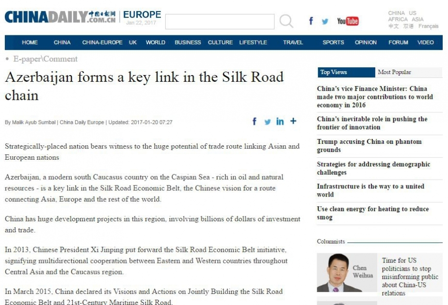 “China Daily”: Azərbaycan İpək yolu zəncirində açar rol oynayır