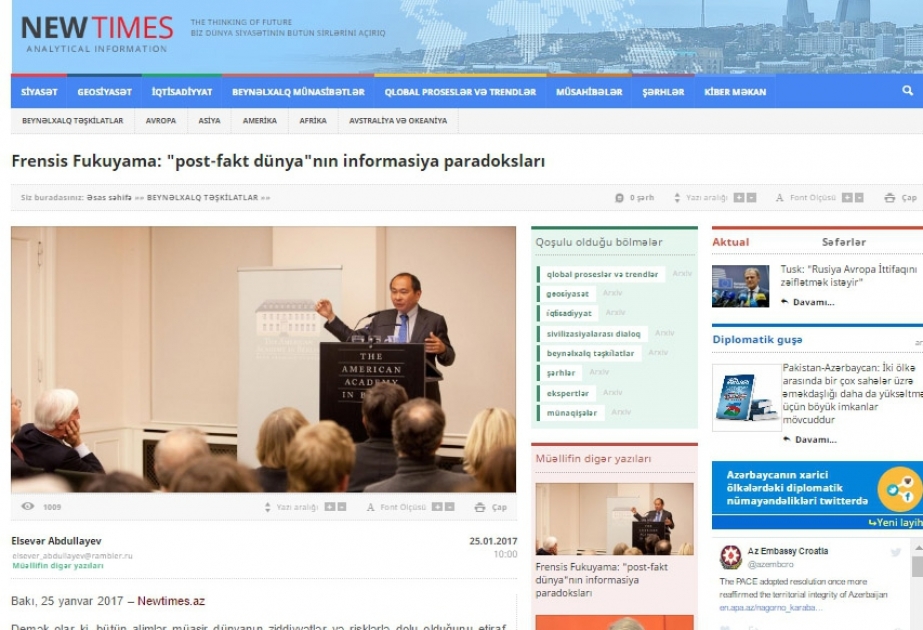 Frensis Fukuyama: "post-fakt dünya"nın informasiya paradoksları
