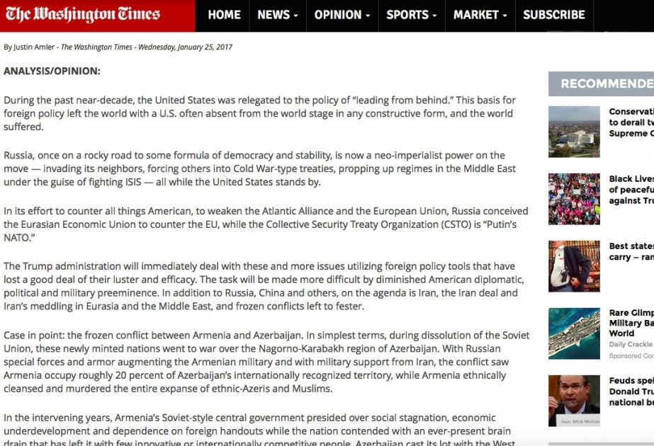 “The Washington Times” Ermənistanın Azərbaycana təcavüzündən yazıb