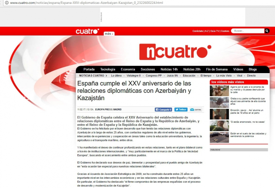 “Cuatro” telekanalı: İspaniya Azərbaycanla əlaqələrin inkişaf etməsini arzulayır