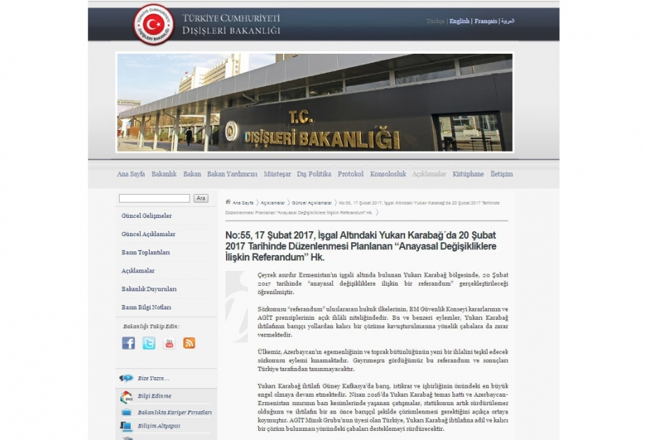Türkiyə XİN: Dağlıq Qarabağda keçirilməsi planlaşdırılan “referendum”u tanımayacağıq