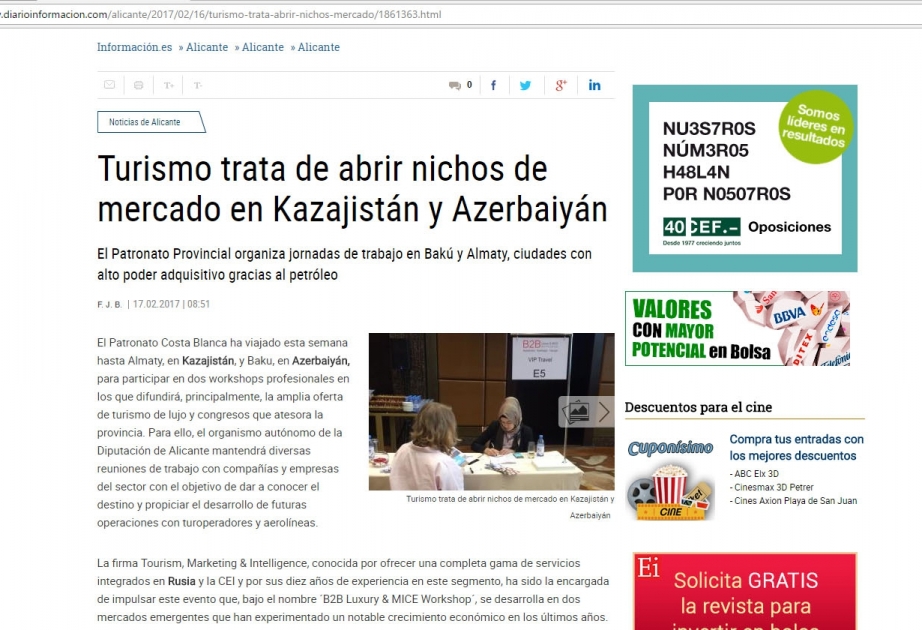 İspaniyanın Alikante muxtariyyətinin nümayəndələri Azərbaycandan turistlərin cəlb olunmasında maraqlıdırlar