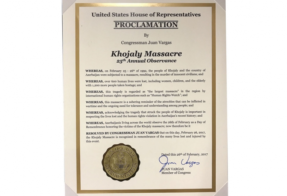 U.S. Congressman issues proclamation on Khojaly Massacre