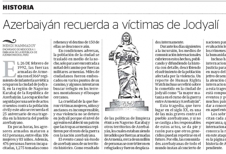 El Peruano newspaper publishes article on Khojaly genocide