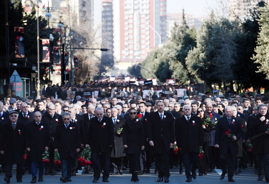 Nationwide march to commemorate 25th anniversary of Khojaly genocide held in Baku President Ilham Aliyev and First Vice-President Mehriban Aliyeva joined the march VIDEO