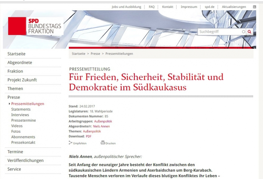 Фракция СДПГ немецкого бундестага выступила с заявлением в связи с годовщиной резни в Ходжалы