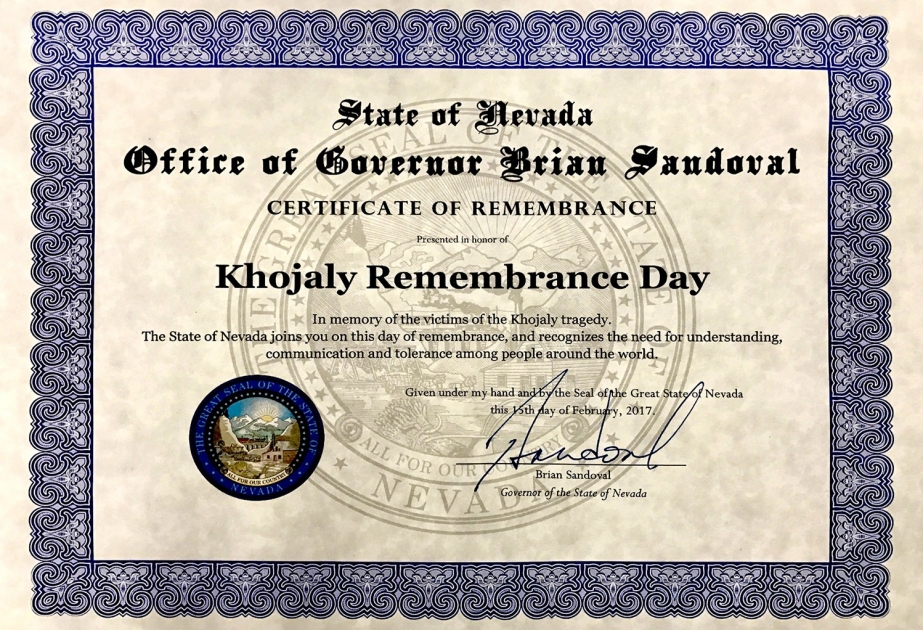 Governor of U.S. State of Nevada signs document on Khojaly Tragedy