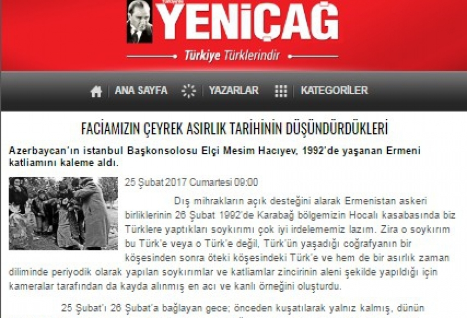 Türkiyənin “Yeni çağ” qəzetində Xocalı soyqırımı ilə bağlı məqalə dərc olunub