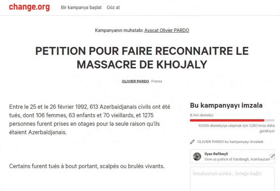 Eight thousand people sign French lawyer`s petition for Khojaly genocide recognition