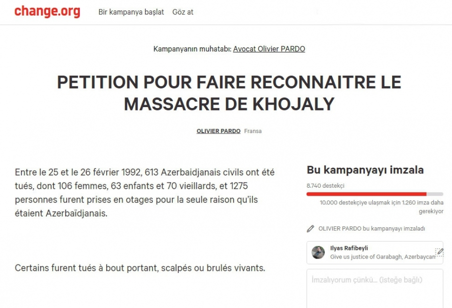 Environ 8 mille personnes ont signé la pétition visant la reconnaissance du massacre de Khodjaly en France