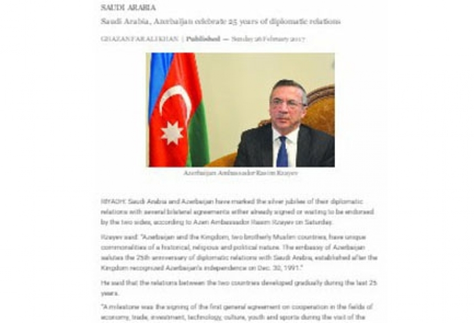 Le journal saoudien Arab News a publié un article de l’ambassadeur d’Azerbaïdjan en Arabie saoudite