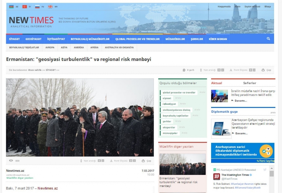 Ermənistan: “geosiyasi turbulentlik” və regional risk mənbəyi