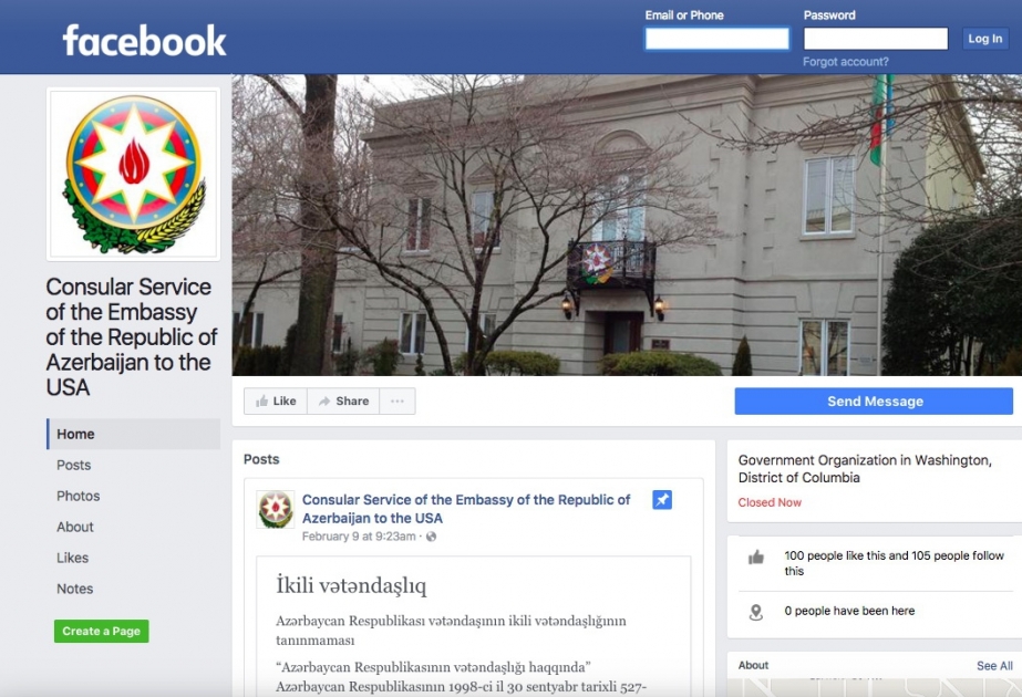Azərbaycanın ABŞ-dakı səfirliyinin konsulluq xidmətinin “Facebook” səhifəsi istifadəyə verilib