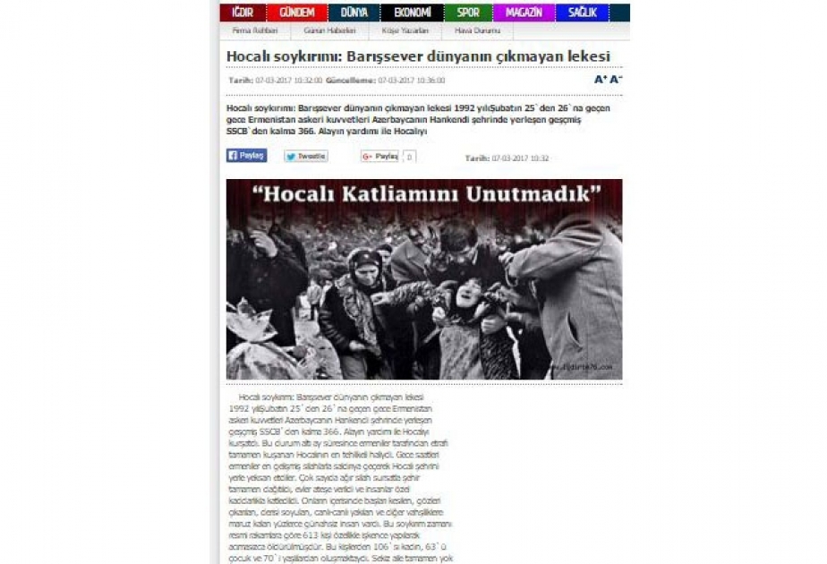 Türkiyə KİV-ləri: vaxt gələcək Xocalı soyqırımını törədənlər məsuliyyətə cəlb olunacaqlar