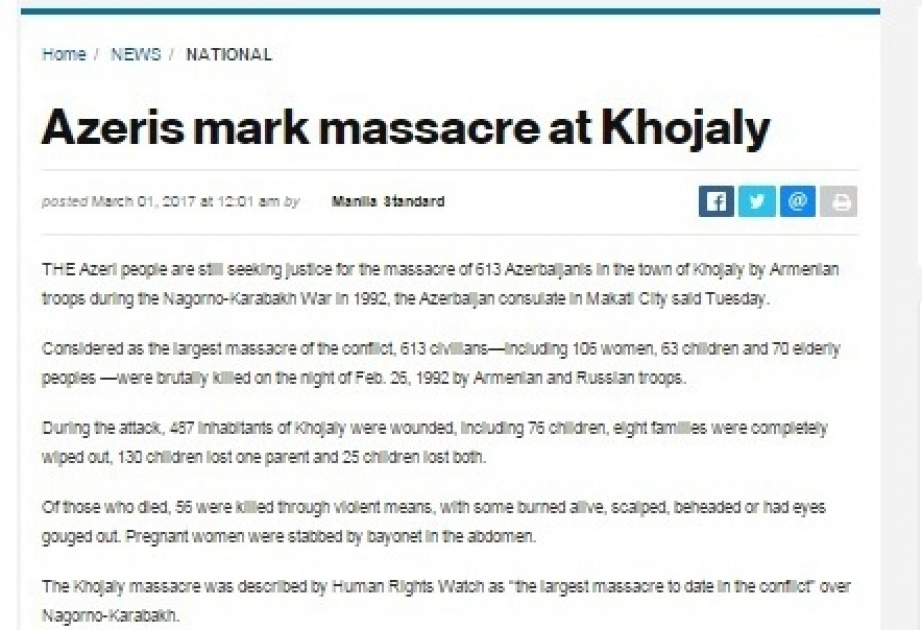 Philippine newspaper: Azerbaijanis mark massacre at Khojaly
