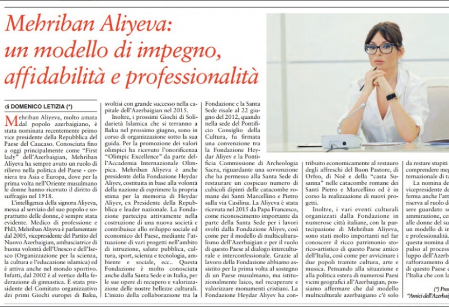 Italian newspaper highlights Azerbaijan`s First Vice-President Mehriban Aliyeva`s activity