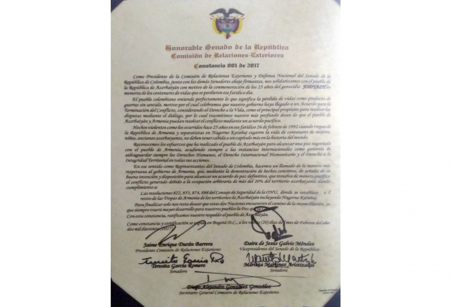 Kolumbiya Senatı Xocalı soyqırımının 25-ci ildönümü ilə bağlı qərarnamə qəbul edib