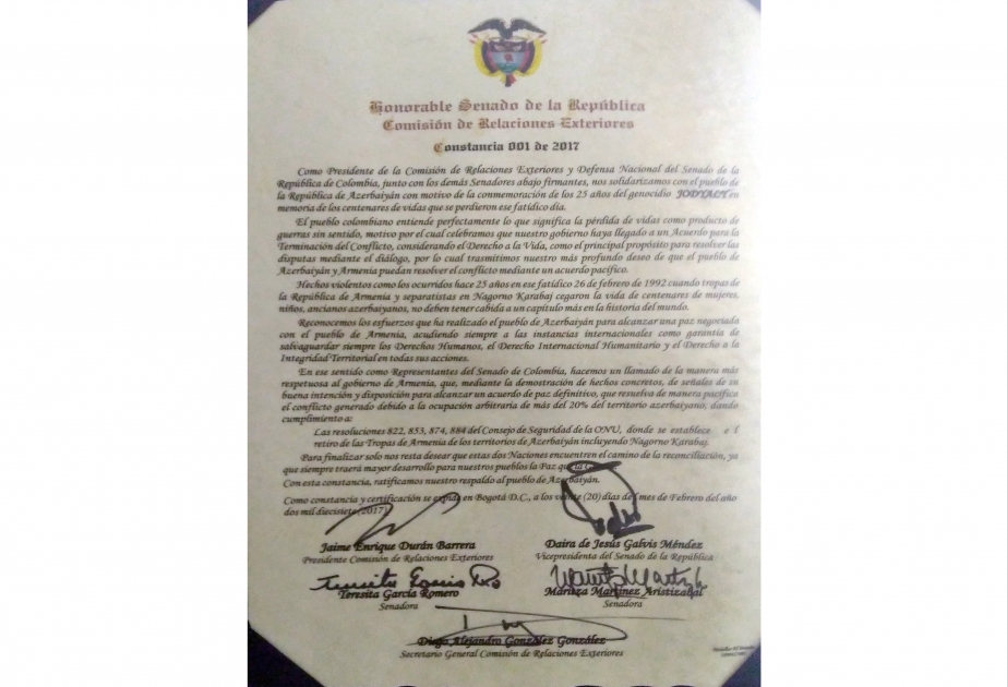 Colombian Senate adopts resolution on 25th anniversary of Khojaly genocide