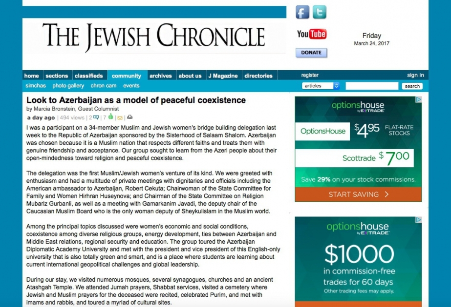 The Jewish Chronicle: Look to Azerbaijan as a model of peaceful coexistence