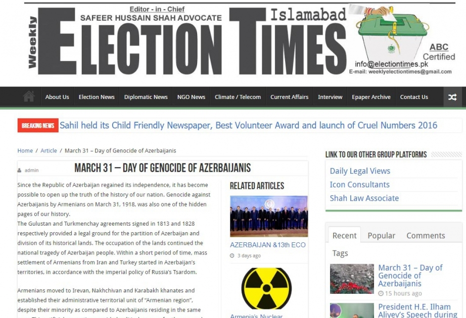 La presse pakistanaise publie un article sur la Journée du Génocide des Azerbaïdjanais