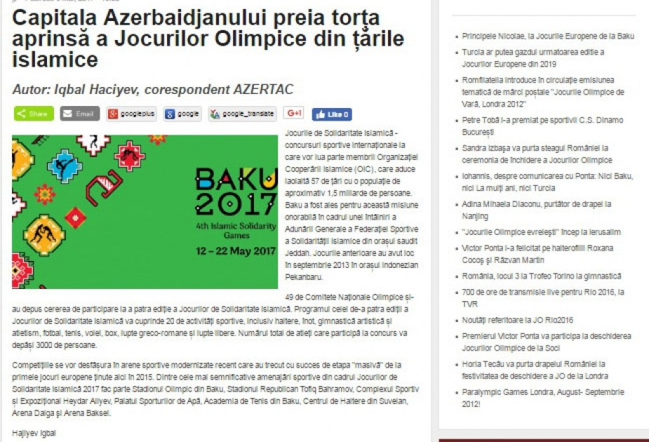 AZƏRTAC-ın xüsusi müxbirinin IV İslam Həmrəyliyi Oyunlarına dair məqaləsi Rumıniya mətbuatında dərc olunub