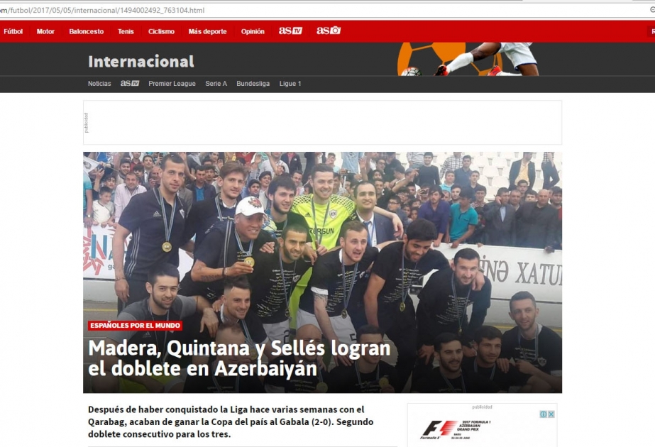 İspaniyanın “AS” nəşri “Qarabağ” komandasının Azərbaycan kubokunu qazanmasından bəhs edib