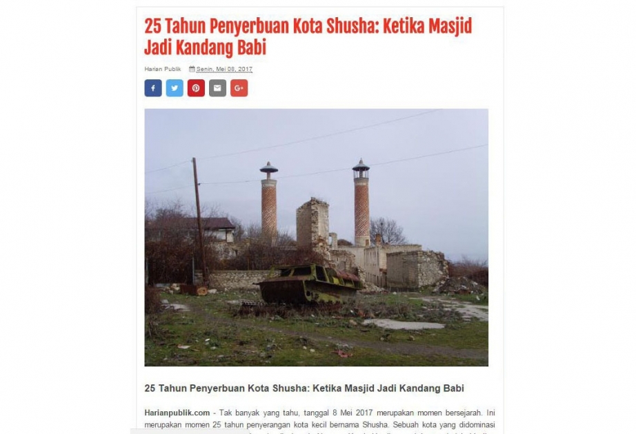 İndoneziya mətbuatı Şuşanın Ermənistan tərəfindən işğalının ildönümündən bəhs edir
