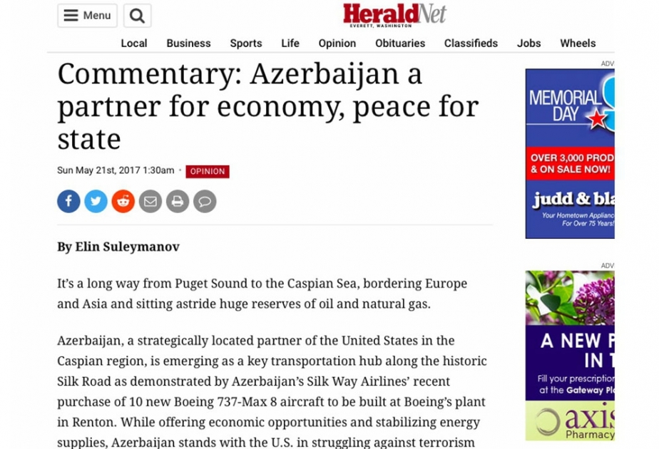 Daily Herald publishes article by Azerbaijan`s Ambassador to US