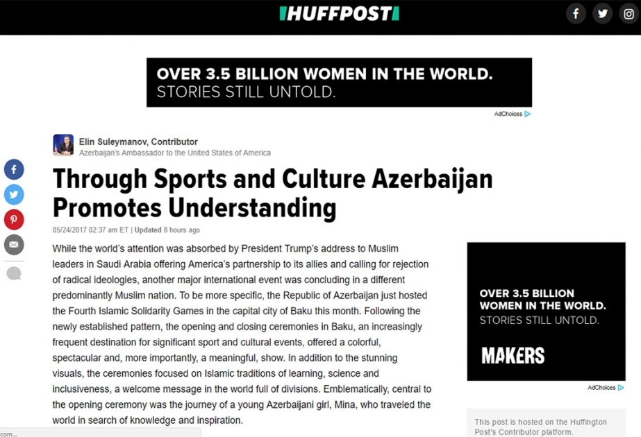 “Huffington Post” qəzeti: “Azərbaycan idman və mədəniyyət vasitəsilə qarşılıqlı anlaşmanı təşviq edir”