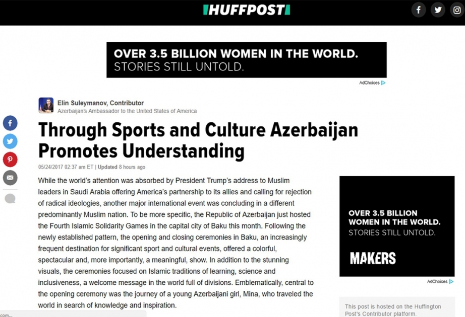 Huffington Post: First Vice-President Mehriban Aliyeva secures success of major events in Azerbaijan