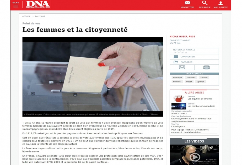 French portal: Azerbaijan grants women rights to vote before European countries