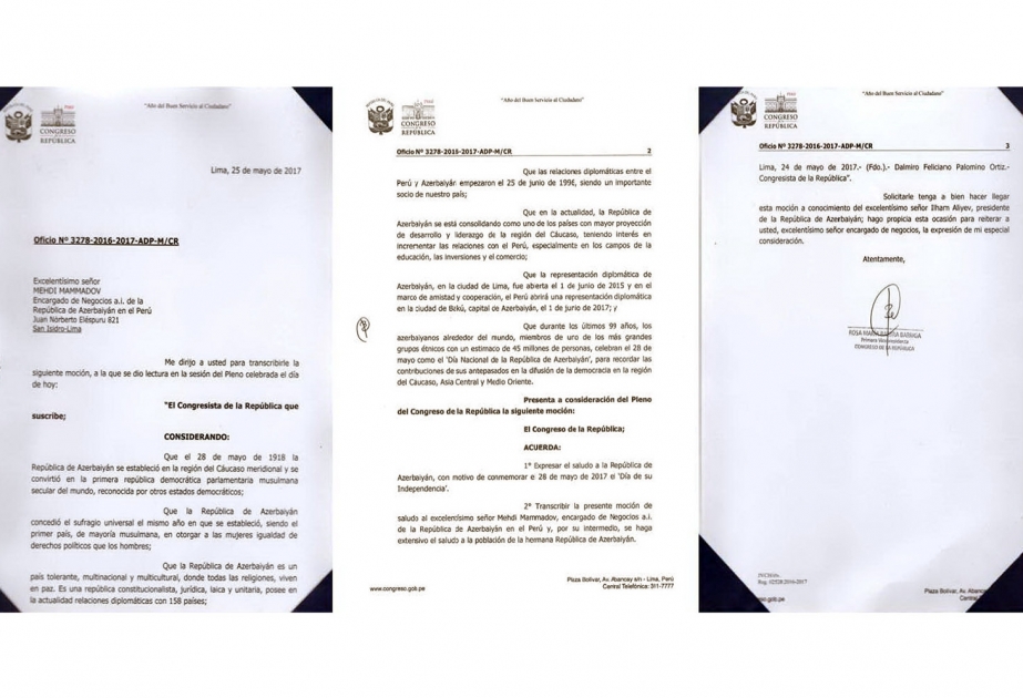 Peruvian Congress approves congratulatory document on Azerbaijan Republic Day