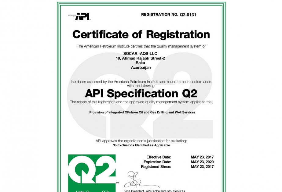 SOCAR-AQŞ Amerika Neft İnstitutunun “API Spec Q2” sertifikatına layiq görülüb