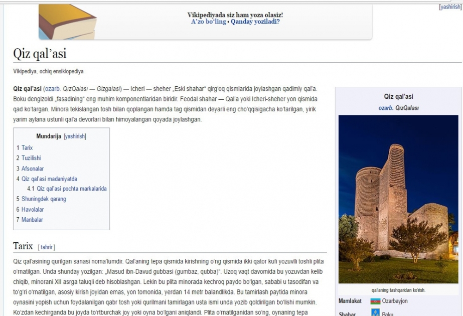 “Wikipedia”nın özbəkdilli versiyası Azərbaycanla bağlı materiallarla zənginləşdirilir
