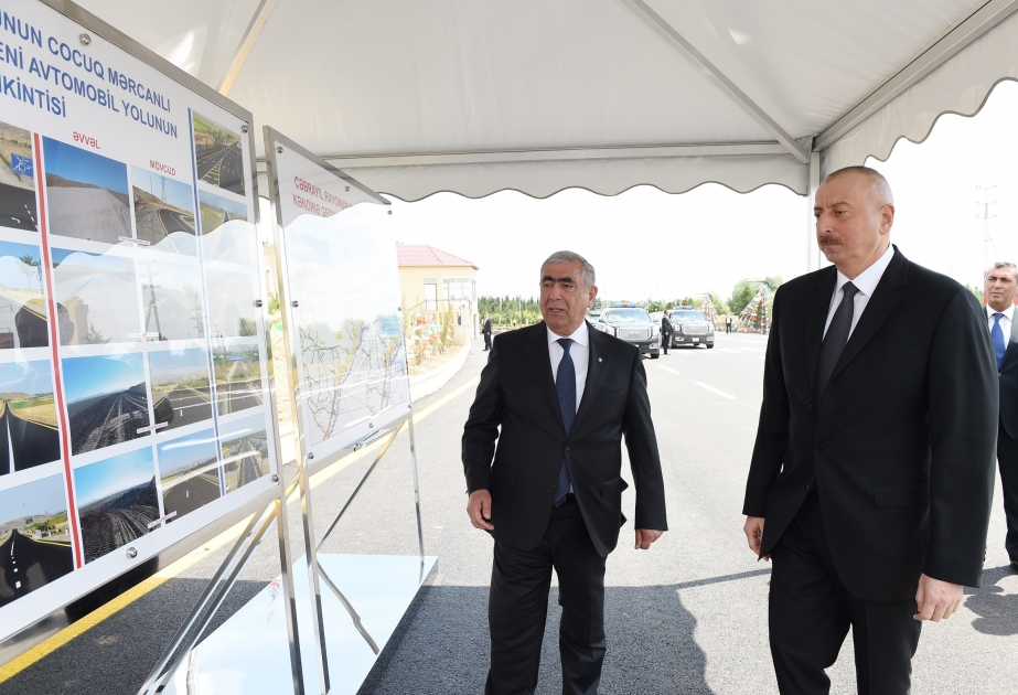 Déplacement du président Ilham Aliyev dans le village de Djodjoug MerdjanlyOuverture de la route rurale de Djodjoug Merdjanly