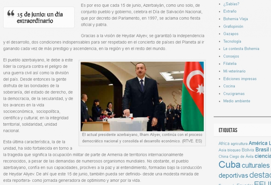 Kuba mediasında Azərbaycanın Milli Qurtuluş Günü ilə bağlı məqalələr dərc edilib