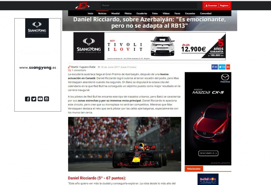 İspaniya portalı Formula-1 pilotlarının Azərbaycan Qran-Prisi barədə fikirlərini dərc edib