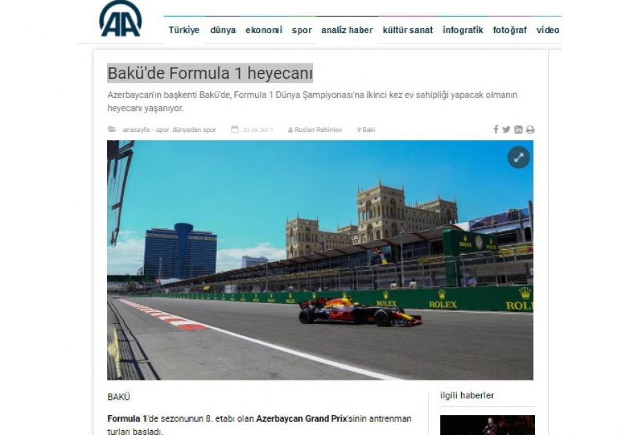 Türkiyə KİV-ləri: Bakıda Formula-1 həyəcanı